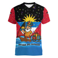 Antigua and Barbuda Christmas Women V-Neck T-Shirt with Santa Sailboat Island Flag and Tropical Gift Design - Wonder Print Shop