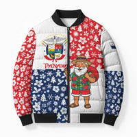 Panama Christmas Bomber Puffer Jacket with Tropical Santa National Coat of Arms and Festive Pattern Design - Wonder Print Shop