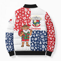Panama Christmas Bomber Puffer Jacket with Tropical Santa National Coat of Arms and Festive Pattern Design - Wonder Print Shop