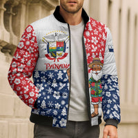 Panama Christmas Bomber Puffer Jacket with Tropical Santa National Coat of Arms and Festive Pattern Design - Wonder Print Shop