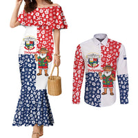 Panama Christmas Couples Matching Mermaid Dress and Long Sleeve Button Shirt with Tropical Santa National Coat of Arms and Festive Pattern Design - Wonder Print Shop