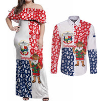 Panama Christmas Couples Matching Off Shoulder Maxi Dress and Long Sleeve Button Shirt with Tropical Santa National Coat of Arms and Festive Pattern Design - Wonder Print Shop