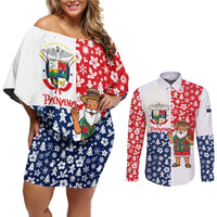 Panama Christmas Couples Matching Off Shoulder Short Dress and Long Sleeve Button Shirt with Tropical Santa National Coat of Arms and Festive Pattern Design - Wonder Print Shop