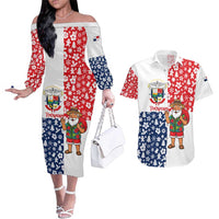 Panama Christmas Couples Matching Off The Shoulder Long Sleeve Dress and Hawaiian Shirt with Tropical Santa National Coat of Arms and Festive Pattern Design - Wonder Print Shop