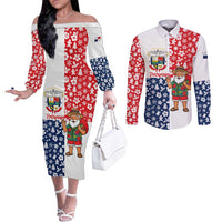 Panama Christmas Couples Matching Off The Shoulder Long Sleeve Dress and Long Sleeve Button Shirt with Tropical Santa National Coat of Arms and Festive Pattern Design - Wonder Print Shop