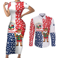 Panama Christmas Couples Matching Short Sleeve Bodycon Dress and Long Sleeve Button Shirt with Tropical Santa National Coat of Arms and Festive Pattern Design - Wonder Print Shop