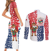 Panama Christmas Couples Matching Short Sleeve Bodycon Dress and Long Sleeve Button Shirt with Tropical Santa National Coat of Arms and Festive Pattern Design - Wonder Print Shop