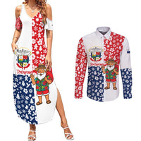 Panama Christmas Couples Matching Summer Maxi Dress and Long Sleeve Button Shirt with Tropical Santa National Coat of Arms and Festive Pattern Design - Wonder Print Shop