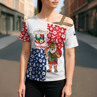Panama Christmas Cross Shoulder Shirt with Tropical Santa National Coat of Arms and Festive Pattern Design - Wonder Print Shop