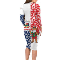 Panama Christmas Long Sleeve Bodycon Dress with Tropical Santa National Coat of Arms and Festive Pattern Design - Wonder Print Shop