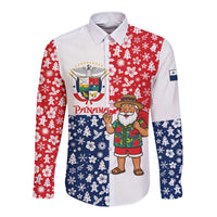 Panama Christmas Long Sleeve Button Shirt with Tropical Santa National Coat of Arms and Festive Pattern Design - Wonder Print Shop