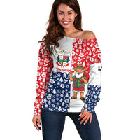 Panama Christmas Off Shoulder Sweater with Tropical Santa National Coat of Arms and Festive Pattern Design - Wonder Print Shop