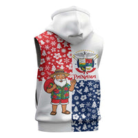 Panama Christmas Sleeveless Zip Hoodie with Tropical Santa National Coat of Arms and Festive Pattern Design - Wonder Print Shop