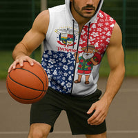 Panama Christmas Sleeveless Zip Hoodie with Tropical Santa National Coat of Arms and Festive Pattern Design - Wonder Print Shop