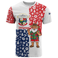 Panama Christmas T Shirt with Tropical Santa National Coat of Arms and Festive Pattern Design - Wonder Print Shop