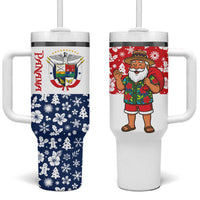 Panama Christmas Tumbler With Handle with Tropical Santa National Coat of Arms and Festive Pattern Design - Wonder Print Shop