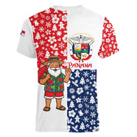 Panama Christmas Women V-Neck T-Shirt with Tropical Santa National Coat of Arms and Festive Pattern Design - Wonder Print Shop