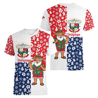 Panama Christmas Women V-Neck T-Shirt with Tropical Santa National Coat of Arms and Festive Pattern Design - Wonder Print Shop