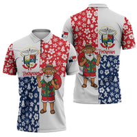 Panama Christmas Zipper Polo Shirt with Tropical Santa National Coat of Arms and Festive Pattern Design - Wonder Print Shop