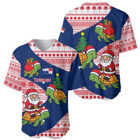 Panama Christmas Baseball Jersey with Santa Claus Sea Turtles Holiday Tree and Red Blue Pattern Design - Wonder Print Shop