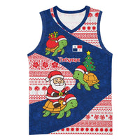 Panama Christmas Basketball Jersey with Santa Claus Sea Turtles Holiday Tree and Red Blue Pattern Design - Wonder Print Shop