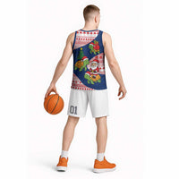 Panama Christmas Basketball Jersey with Santa Claus Sea Turtles Holiday Tree and Red Blue Pattern Design - Wonder Print Shop