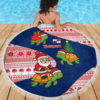 Panama Christmas Beach Blanket with Santa Claus Sea Turtles Holiday Tree and Red Blue Pattern Design - Wonder Print Shop