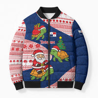 Panama Christmas Bomber Puffer Jacket with Santa Claus Sea Turtles Holiday Tree and Red Blue Pattern Design - Wonder Print Shop