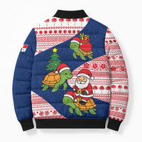 Panama Christmas Bomber Puffer Jacket with Santa Claus Sea Turtles Holiday Tree and Red Blue Pattern Design - Wonder Print Shop
