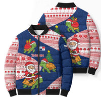 Panama Christmas Bomber Puffer Jacket with Santa Claus Sea Turtles Holiday Tree and Red Blue Pattern Design - Wonder Print Shop