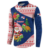 Panama Christmas Button Sweatshirt with Santa Claus Sea Turtles Holiday Tree and Red Blue Pattern Design - Wonder Print Shop