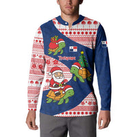Panama Christmas Button Sweatshirt with Santa Claus Sea Turtles Holiday Tree and Red Blue Pattern Design - Wonder Print Shop