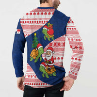 Panama Christmas Button Sweatshirt with Santa Claus Sea Turtles Holiday Tree and Red Blue Pattern Design - Wonder Print Shop
