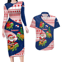 Panama Christmas Couples Matching Long Sleeve Bodycon Dress and Hawaiian Shirt with Santa Claus Sea Turtles Holiday Tree and Red Blue Pattern Design - Wonder Print Shop