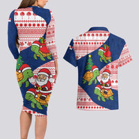 Panama Christmas Couples Matching Long Sleeve Bodycon Dress and Hawaiian Shirt with Santa Claus Sea Turtles Holiday Tree and Red Blue Pattern Design - Wonder Print Shop