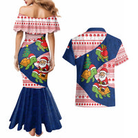 Panama Christmas Couples Matching Mermaid Dress and Hawaiian Shirt with Santa Claus Sea Turtles Holiday Tree and Red Blue Pattern Design - Wonder Print Shop