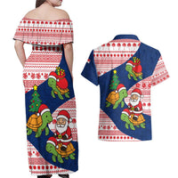 Panama Christmas Couples Matching Off Shoulder Maxi Dress and Hawaiian Shirt with Santa Claus Sea Turtles Holiday Tree and Red Blue Pattern Design - Wonder Print Shop