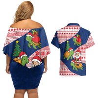 Panama Christmas Couples Matching Off Shoulder Short Dress and Hawaiian Shirt with Santa Claus Sea Turtles Holiday Tree and Red Blue Pattern Design - Wonder Print Shop