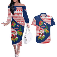 Panama Christmas Couples Matching Off The Shoulder Long Sleeve Dress and Hawaiian Shirt with Santa Claus Sea Turtles Holiday Tree and Red Blue Pattern Design - Wonder Print Shop