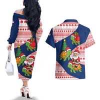 Panama Christmas Couples Matching Off The Shoulder Long Sleeve Dress and Hawaiian Shirt with Santa Claus Sea Turtles Holiday Tree and Red Blue Pattern Design - Wonder Print Shop
