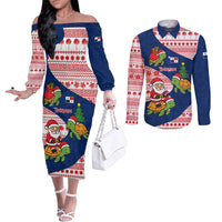Panama Christmas Couples Matching Off The Shoulder Long Sleeve Dress and Long Sleeve Button Shirt with Santa Claus Sea Turtles Holiday Tree and Red Blue Pattern Design - Wonder Print Shop