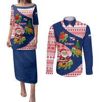 Panama Christmas Couples Matching Puletasi and Long Sleeve Button Shirt with Santa Claus Sea Turtles Holiday Tree and Red Blue Pattern Design - Wonder Print Shop