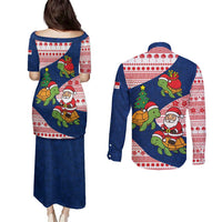 Panama Christmas Couples Matching Puletasi and Long Sleeve Button Shirt with Santa Claus Sea Turtles Holiday Tree and Red Blue Pattern Design - Wonder Print Shop