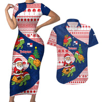 Panama Christmas Couples Matching Short Sleeve Bodycon Dress and Hawaiian Shirt with Santa Claus Sea Turtles Holiday Tree and Red Blue Pattern Design - Wonder Print Shop