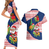 Panama Christmas Couples Matching Short Sleeve Bodycon Dress and Hawaiian Shirt with Santa Claus Sea Turtles Holiday Tree and Red Blue Pattern Design - Wonder Print Shop