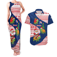 Panama Christmas Couples Matching Tank Maxi Dress and Hawaiian Shirt with Santa Claus Sea Turtles Holiday Tree and Red Blue Pattern Design - Wonder Print Shop