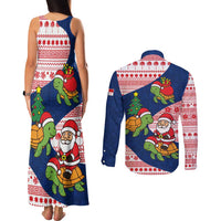 Panama Christmas Couples Matching Tank Maxi Dress and Long Sleeve Button Shirt with Santa Claus Sea Turtles Holiday Tree and Red Blue Pattern Design - Wonder Print Shop