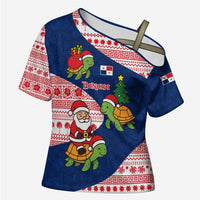 Panama Christmas Cross Shoulder Shirt with Santa Claus Sea Turtles Holiday Tree and Red Blue Pattern Design - Wonder Print Shop