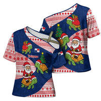 Panama Christmas Cross Shoulder Shirt with Santa Claus Sea Turtles Holiday Tree and Red Blue Pattern Design - Wonder Print Shop