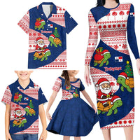Panama Christmas Family Matching Long Sleeve Bodycon Dress and Hawaiian Shirt with Santa Claus Sea Turtles Holiday Tree and Red Blue Pattern Design - Wonder Print Shop